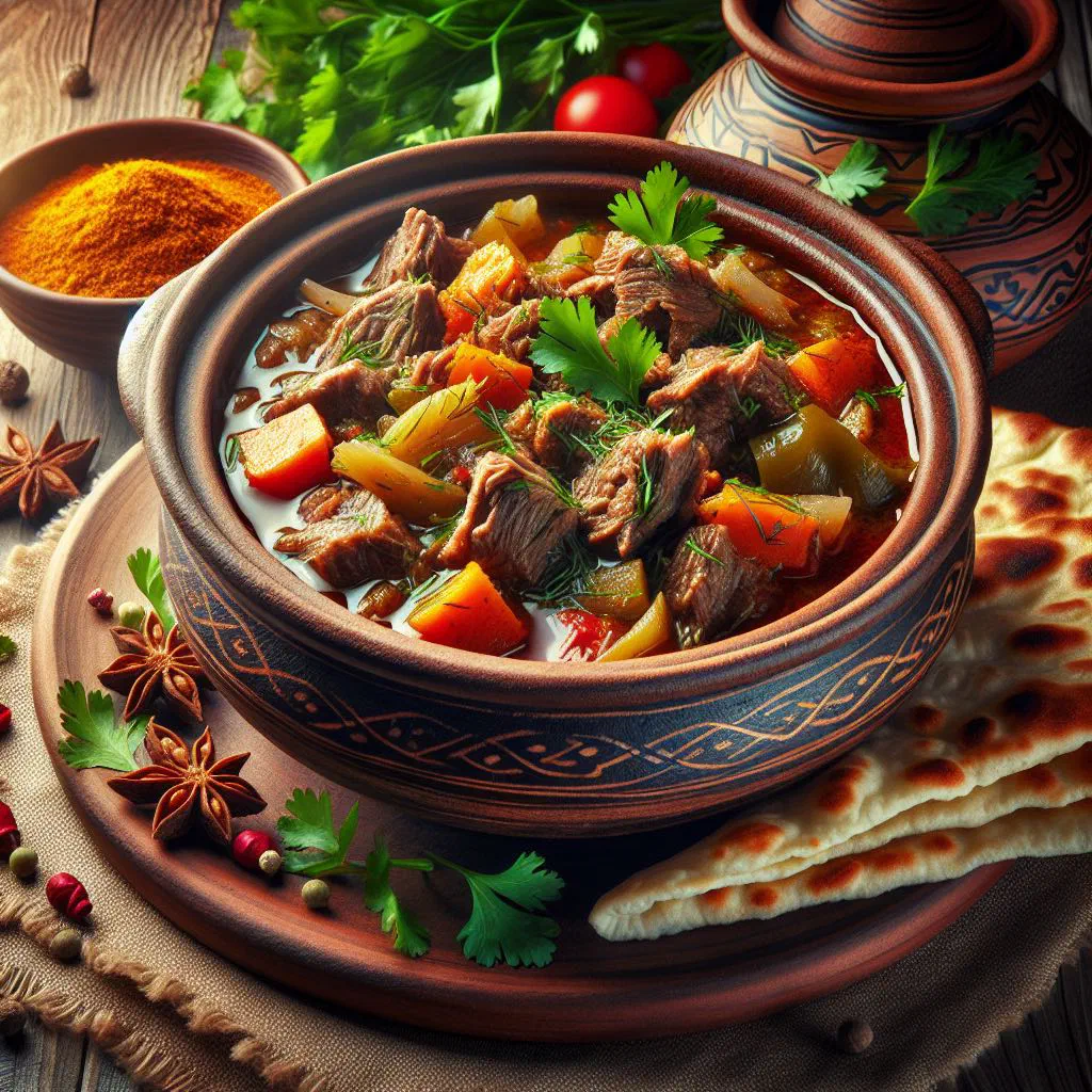Bowl of Kovurma Shurbo meat soup with lamb, potatoes and fresh herbs