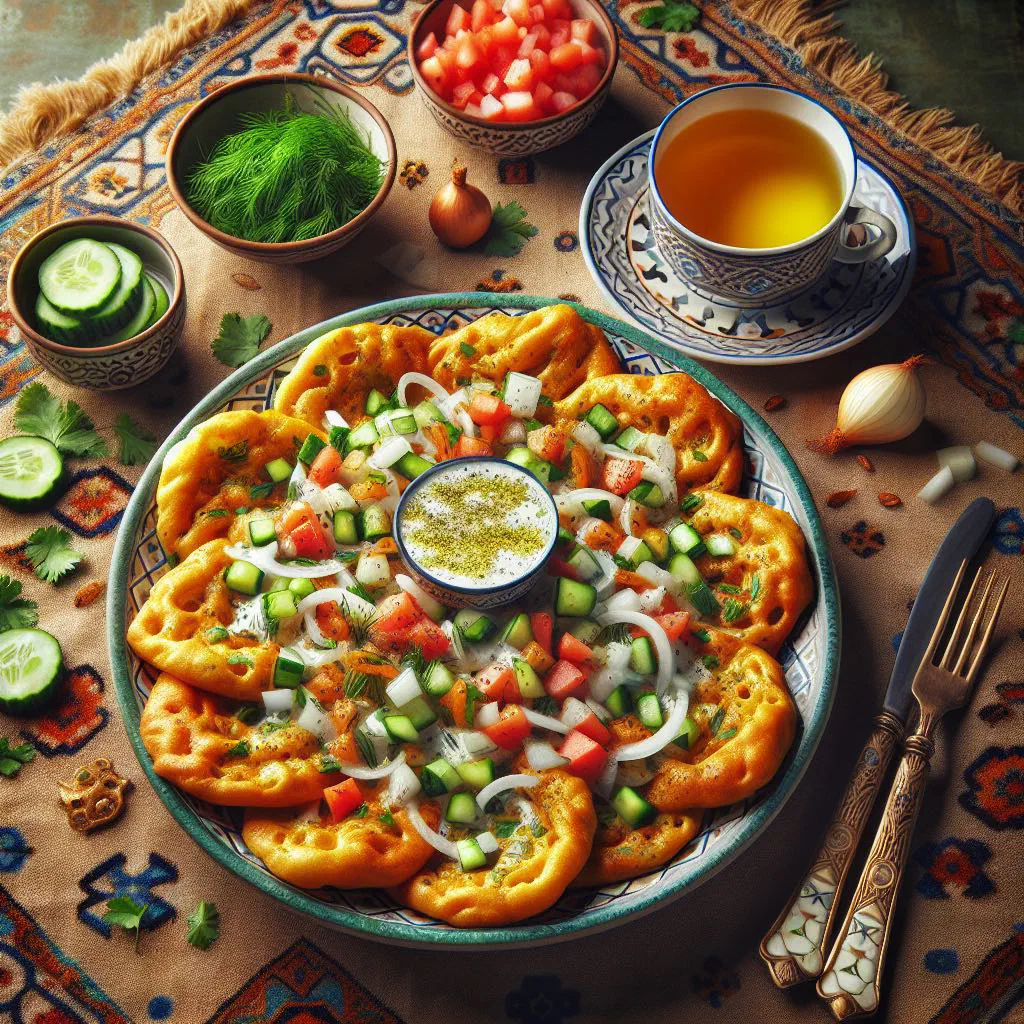 Bowl of kurutob with torn flatbread, yoghurt and fresh vegetables