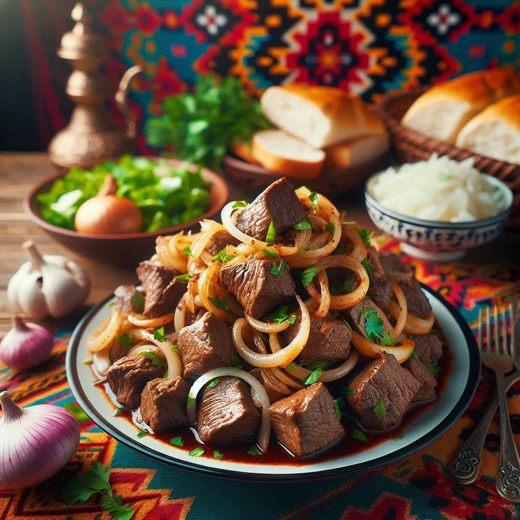 Kuurdak with tender meat, potatoes and onions served in a pan