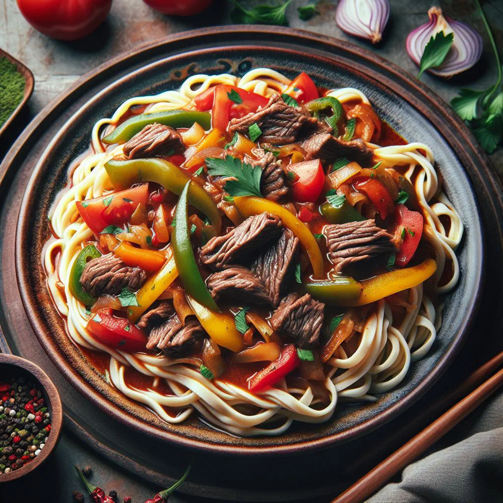 Bowl of laghman with hand-pulled noodles, meat and vegetable sauce
