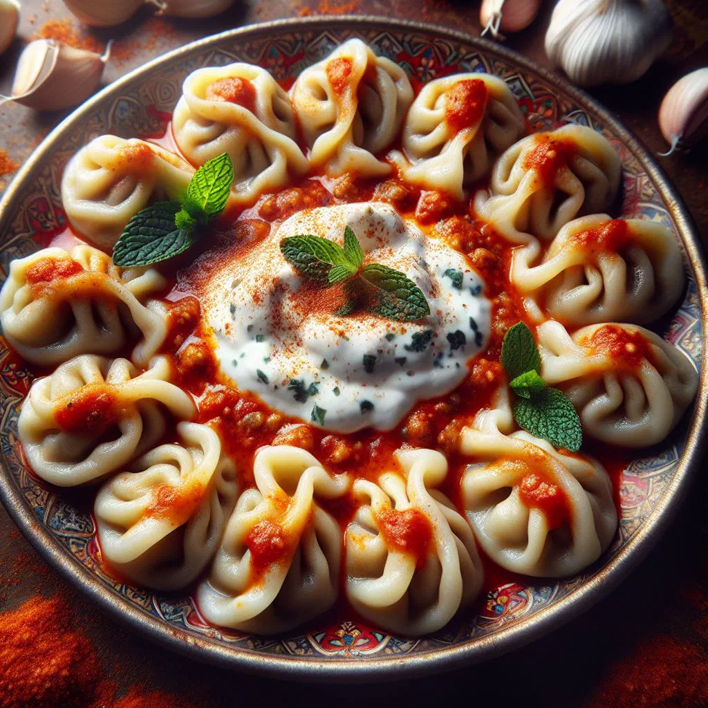 Steamed manti dumplings on a plate with a bowl of yoghurt dip