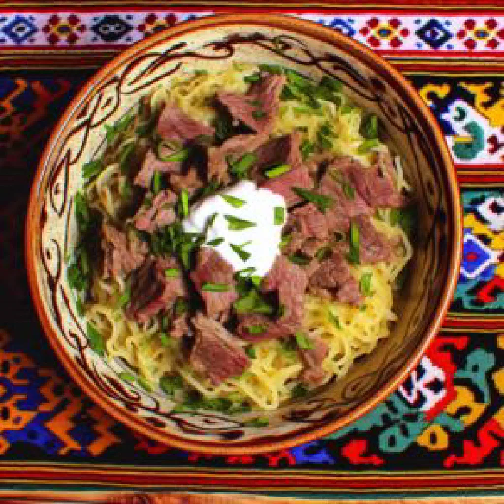Naryn with hand-cut noodles, sliced meat and fresh vegetables
