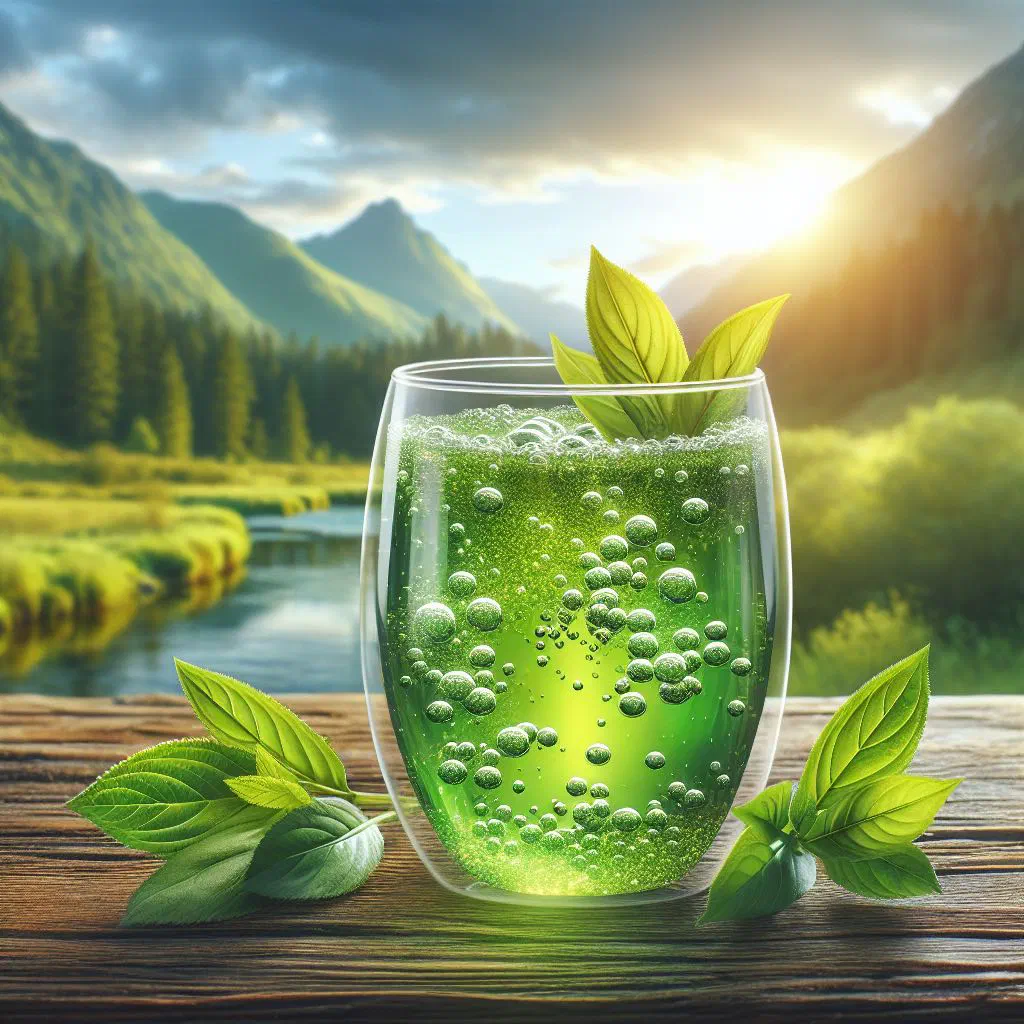 Glass of bright green tarkhun tarragon tea with a lemon slice and fresh herb sprig