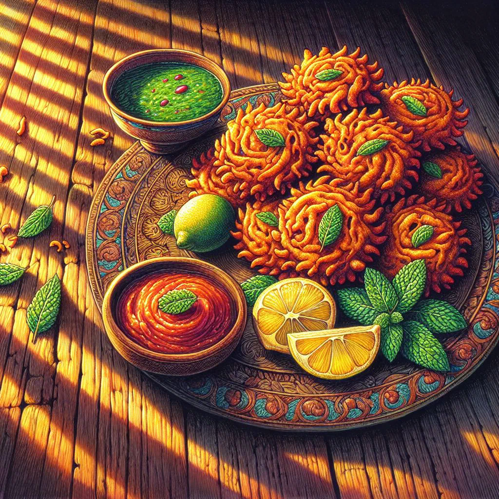 Golden deep-fried bhaji fritters served with a fresh dipping sauce
