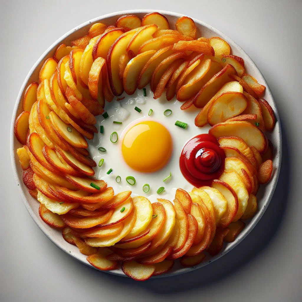 Golden chips set in a fluffy egg omelette, served hot on a plate