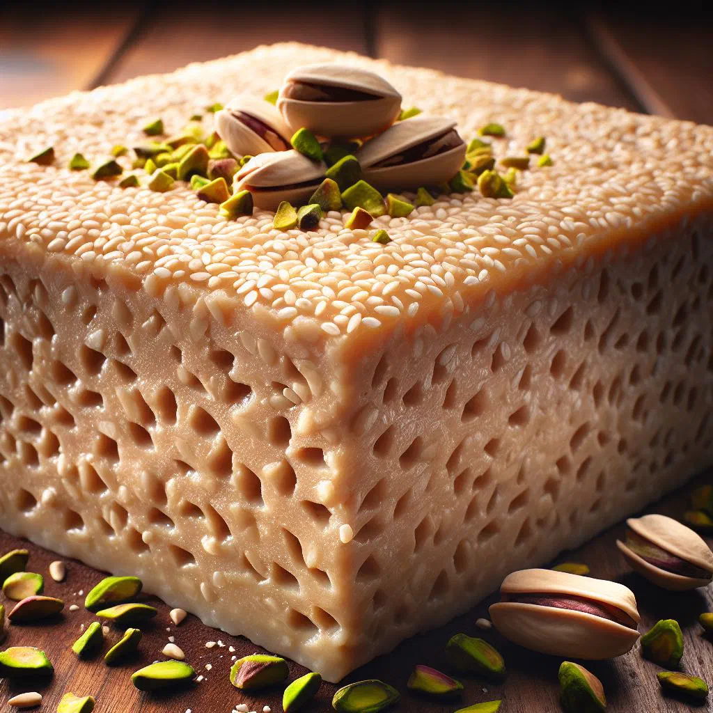 Squares of sesame halua sprinkled with toasted sesame seeds on a plate
