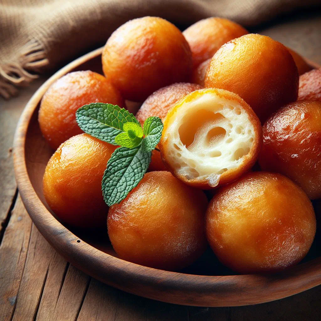 Golden fried kaimati dumplings drizzled with syrup and sprinkled with coconut