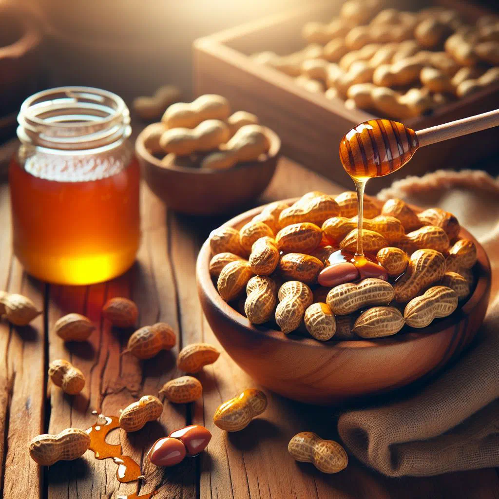 Golden honey-glazed peanut clusters broken into pieces on a plate