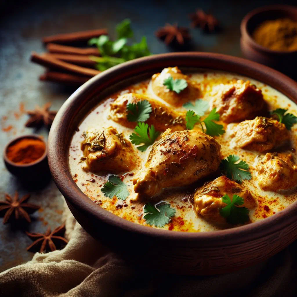 Chicken pieces in a creamy coconut sauce garnished with fresh coriander