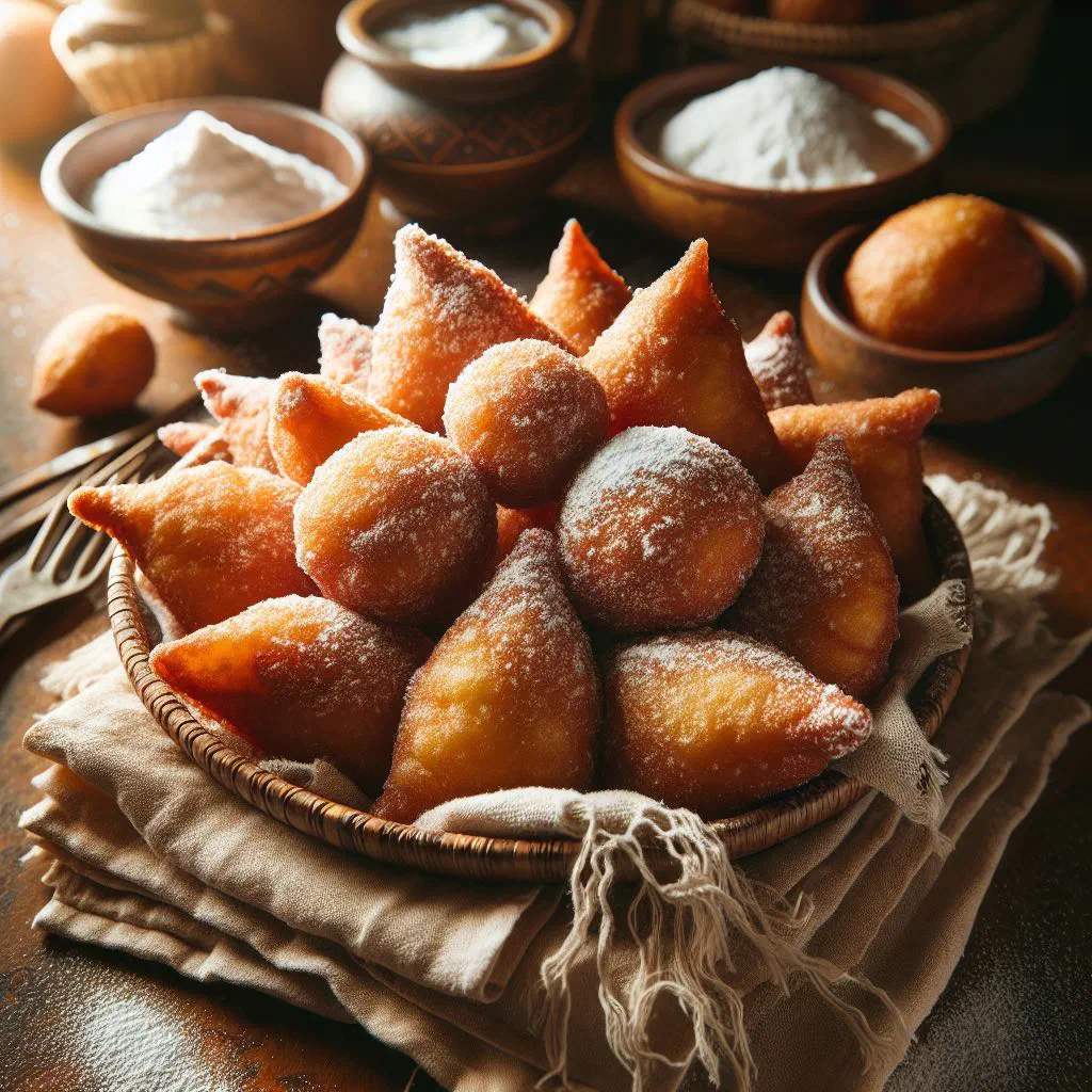 Golden fried coconut mandaazi triangles dusted with icing sugar