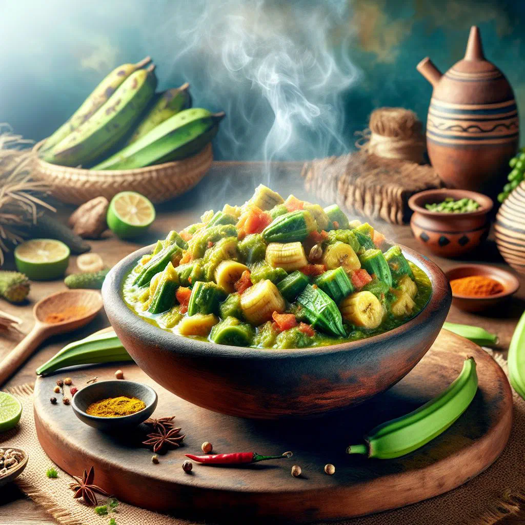 Steamed green plantains in a tomato and pepper sauce, served in a bowl