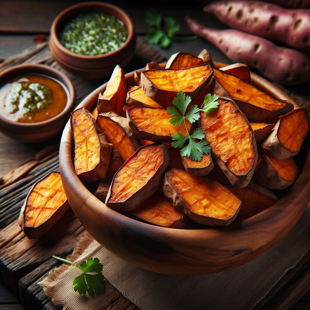 Golden fried sweet potato pieces piled on a plate with a sprinkle of salt
