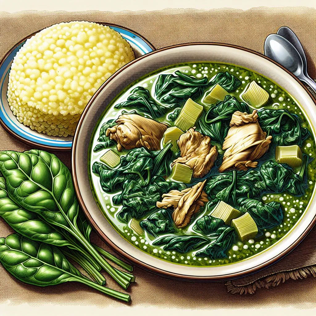 Tanzanian spinach and chicken stew served in a shallow bowl