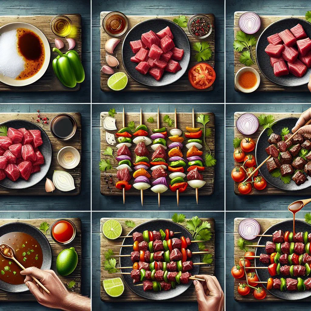 Grilled Tanzanian mshikaki meat skewers on a platter with fresh herbs