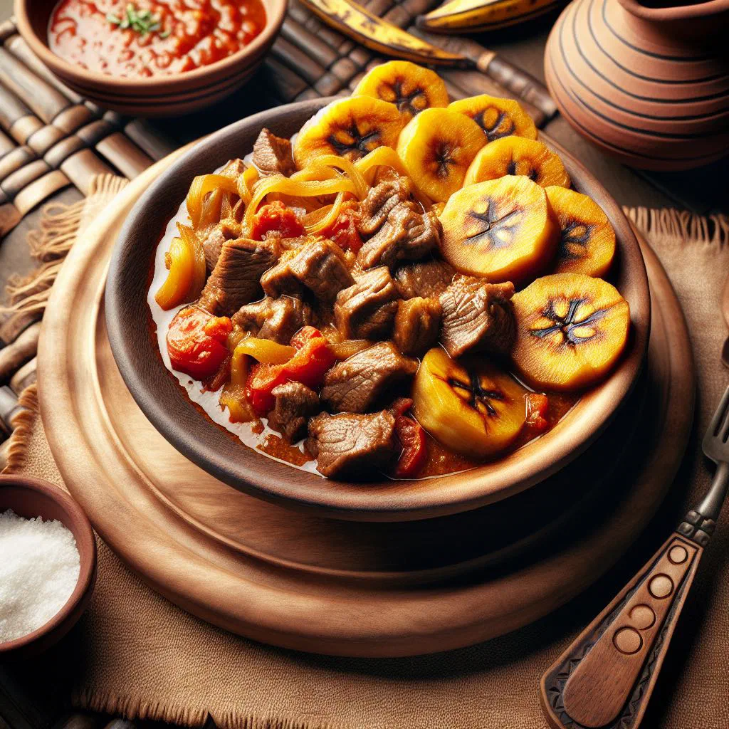 Tanzanian ndizi na nyama with plantain slices and tender beef in a rich sauce