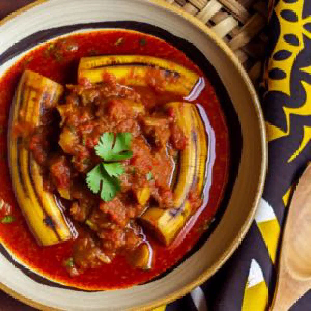Spiced Tanzanian cooking plantains garnished with fresh coriander