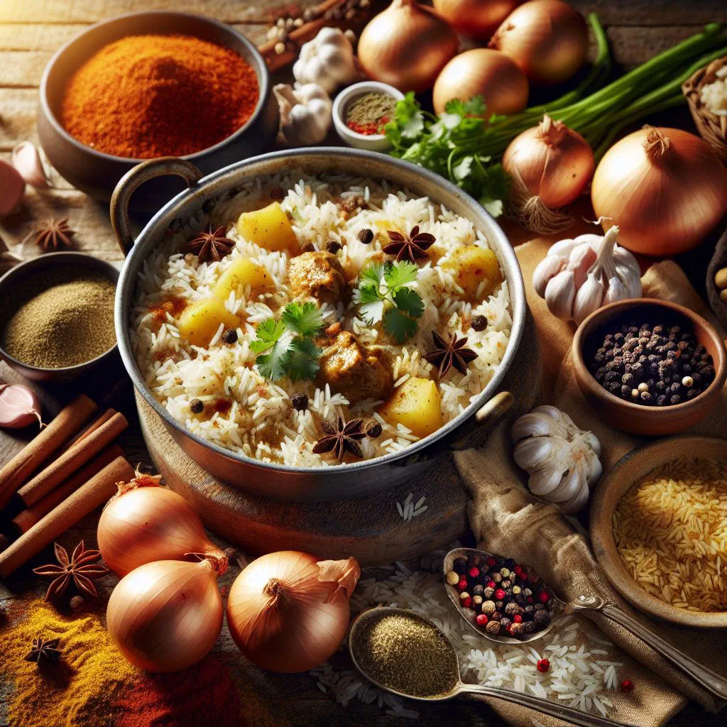 Tanzanian pilau spiced rice with meat, carrots and peas in a serving bowl