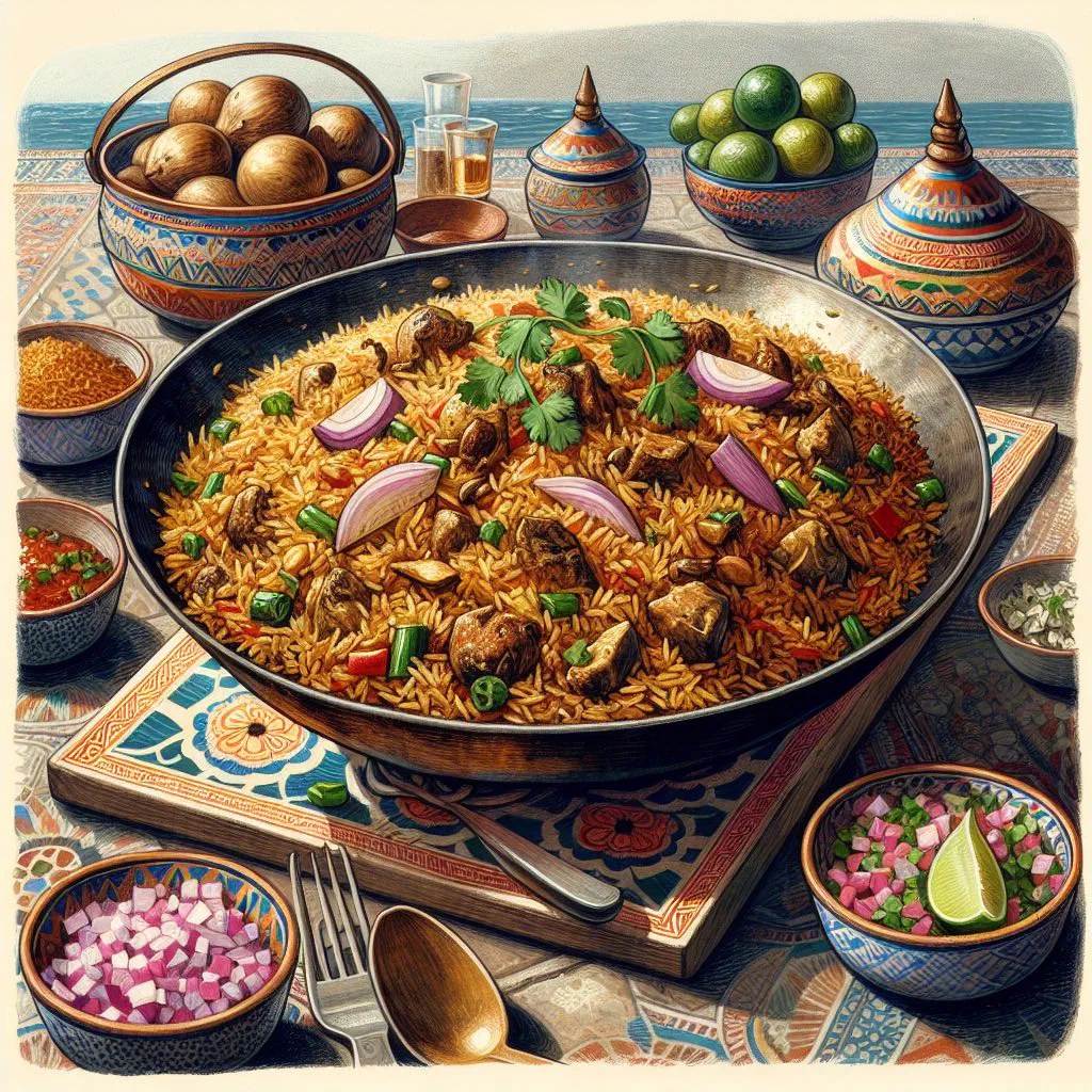 Fragrant spiced rice with chicken, garnished with fresh coriander