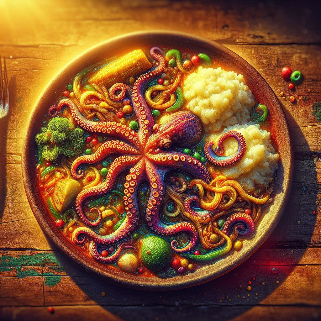Tender octopus pieces in a spiced pan sauce, garnished with fresh parsley and lemon