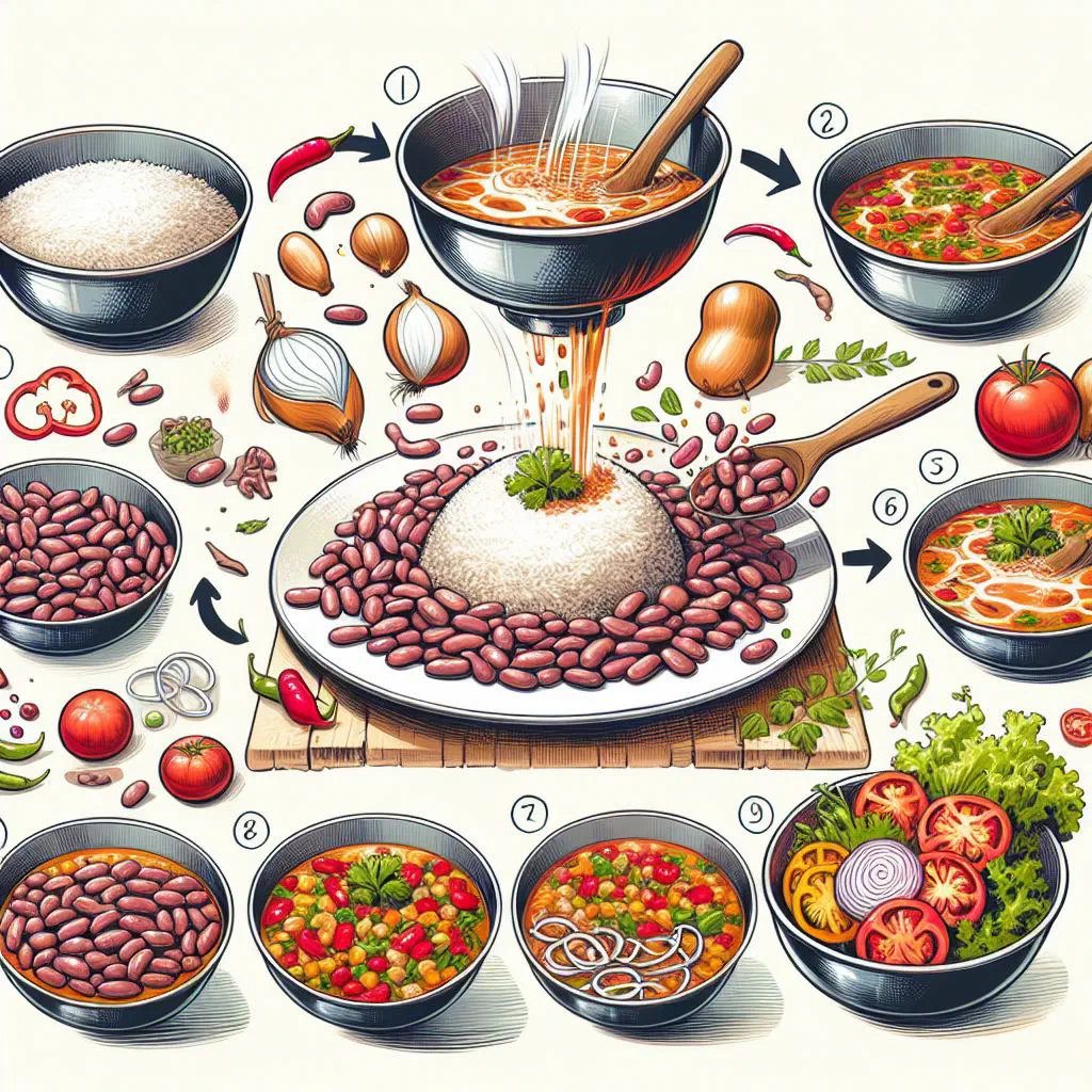 Fluffy white rice served with a rich tomato and red bean stew