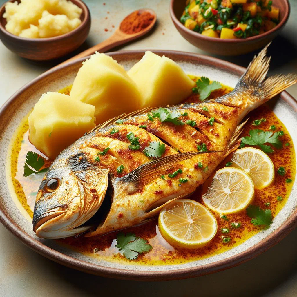 Grilled fish fillets in a creamy coconut sauce with fresh coriander and lime