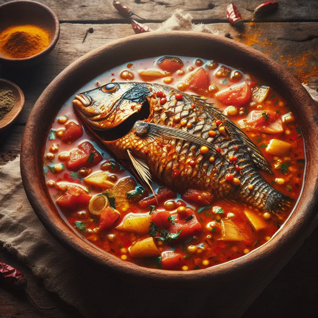 Fish fillets simmered in a tomato and coconut sauce, garnished with fresh coriander