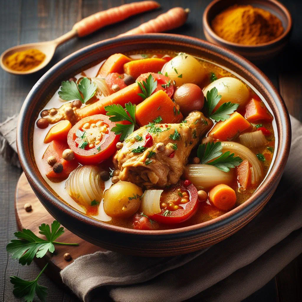 Bowl of Tanzanian chicken soup with carrots, potatoes and fresh coriander