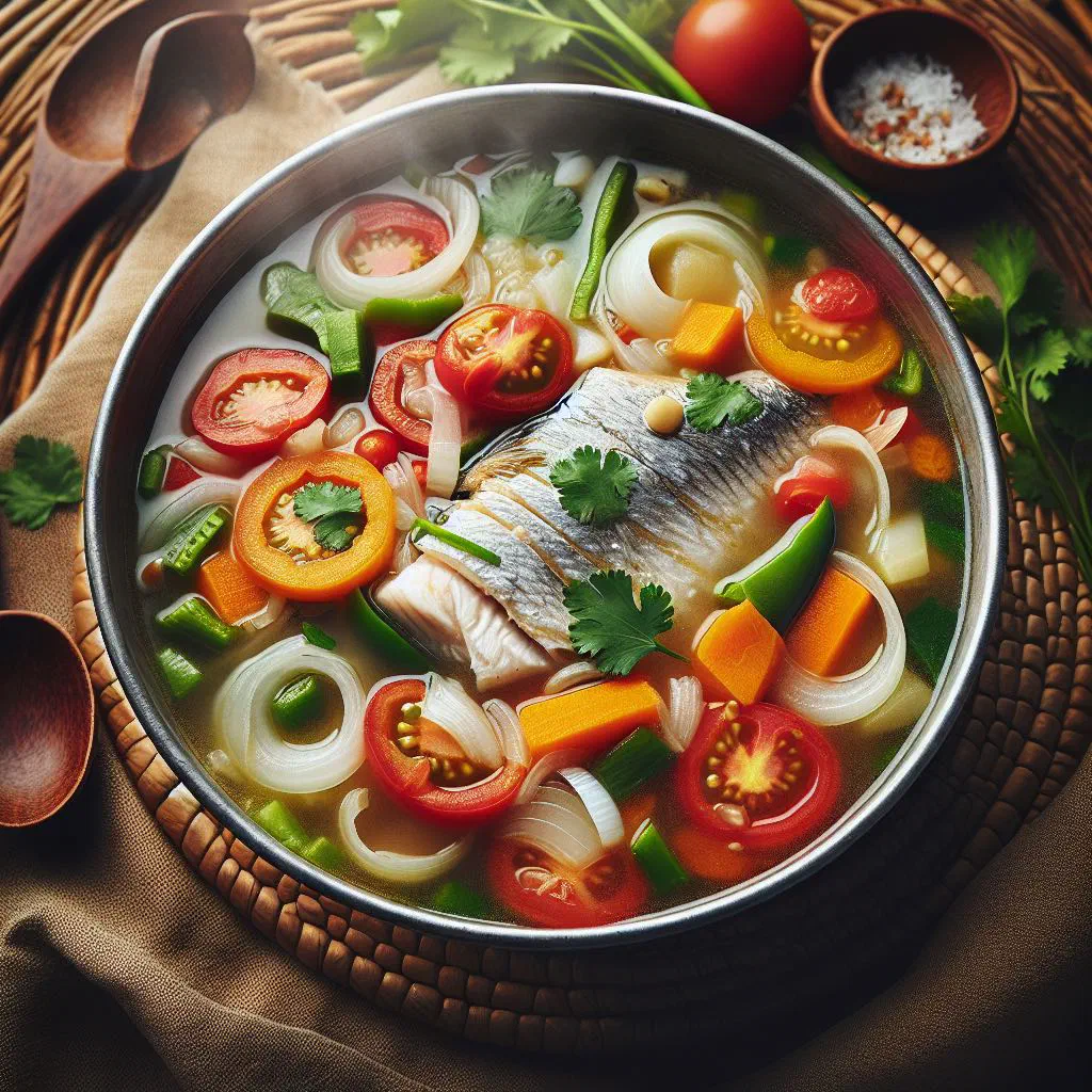 Tanzanian fish soup in a deep bowl with coriander and lemon
