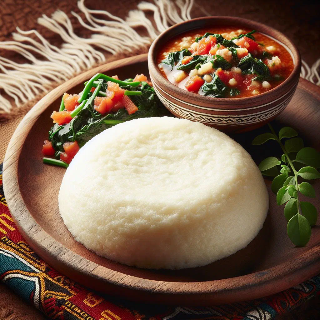 A firm white mound of ugali served on a plate with a savoury stew