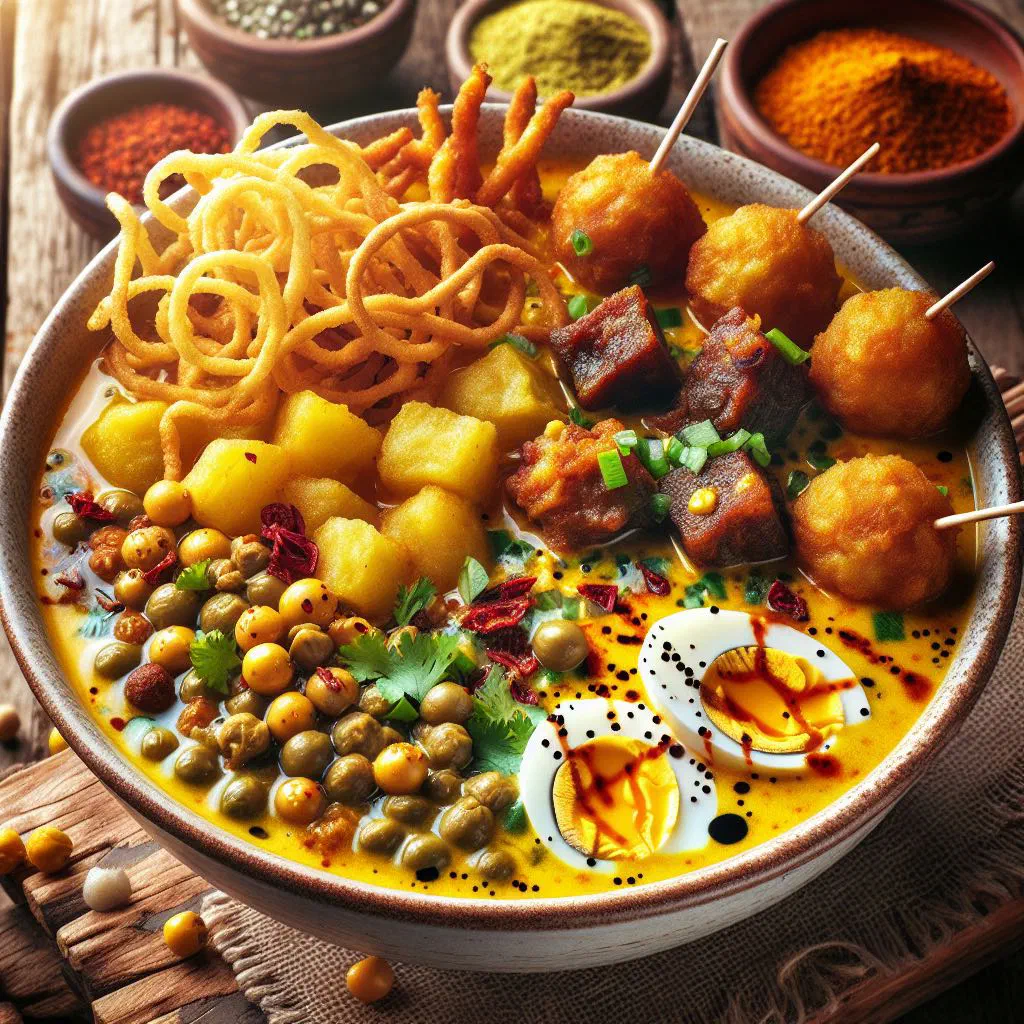 Bowl of Tanzanian urojo soup topped with crispy fried bread and lime