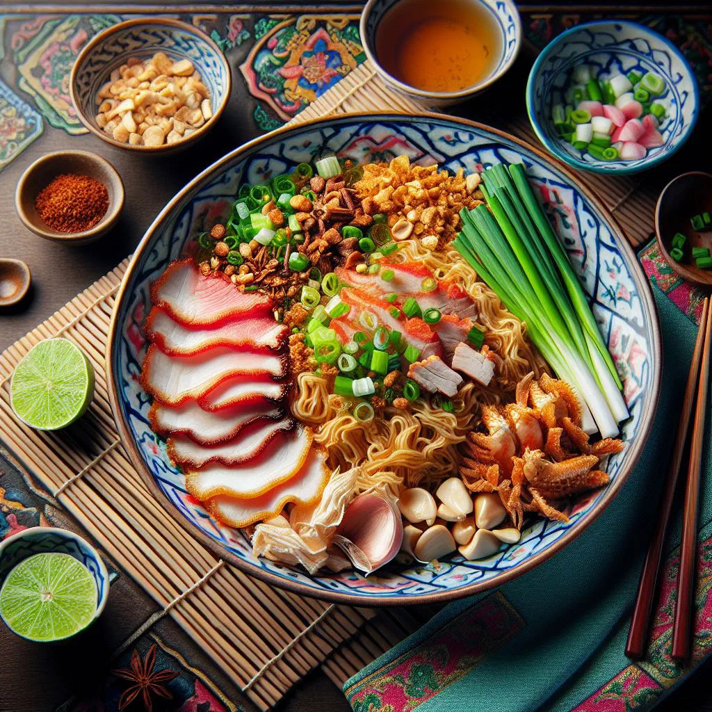 Bowl of Thai dry egg noodles topped with sliced meat, vegetables and fresh coriander