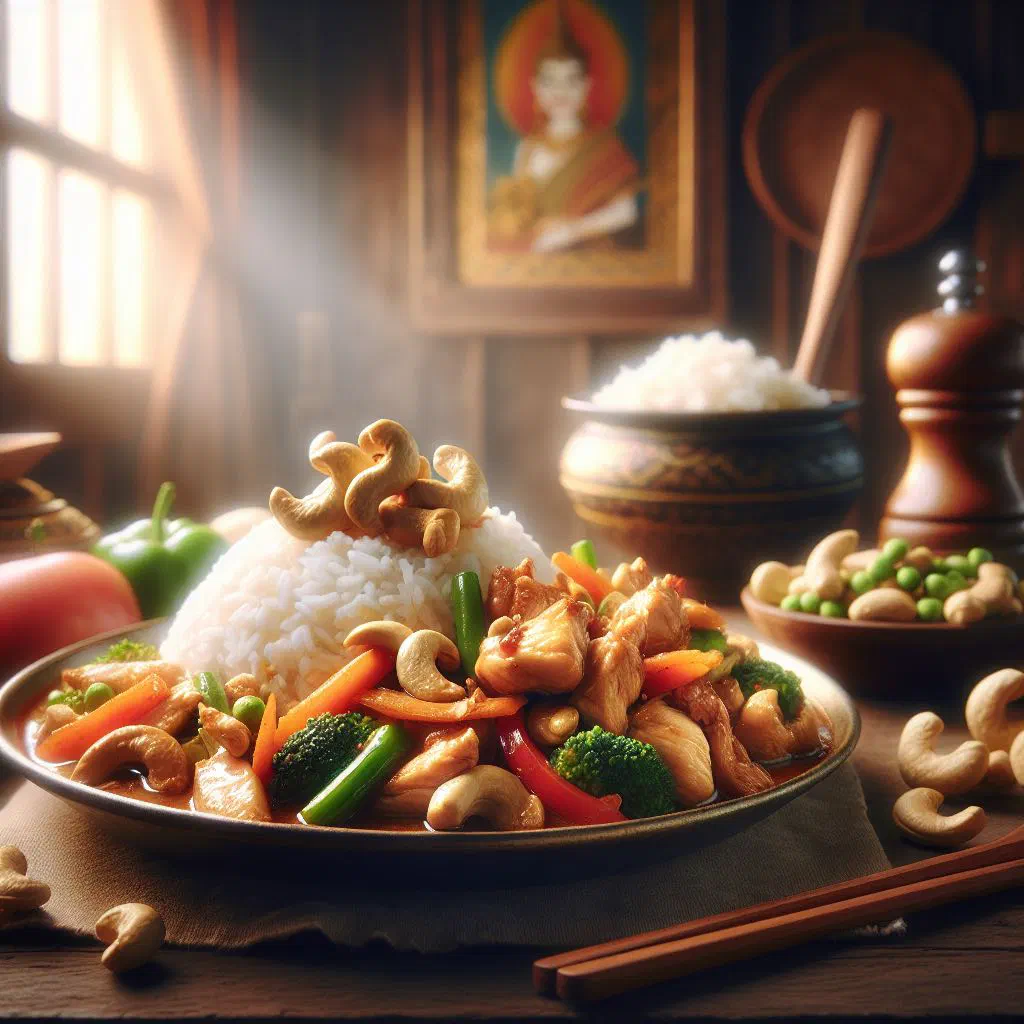 Thai cashew chicken stir-fry with peppers, onions and cashew nuts