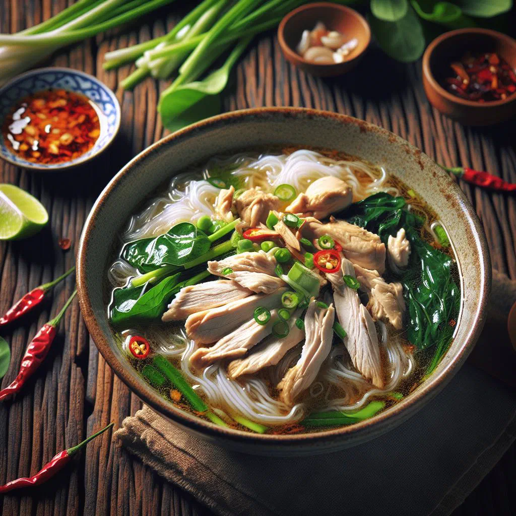 Bowl of Thai chicken noodle soup with rice noodles, coriander and lime