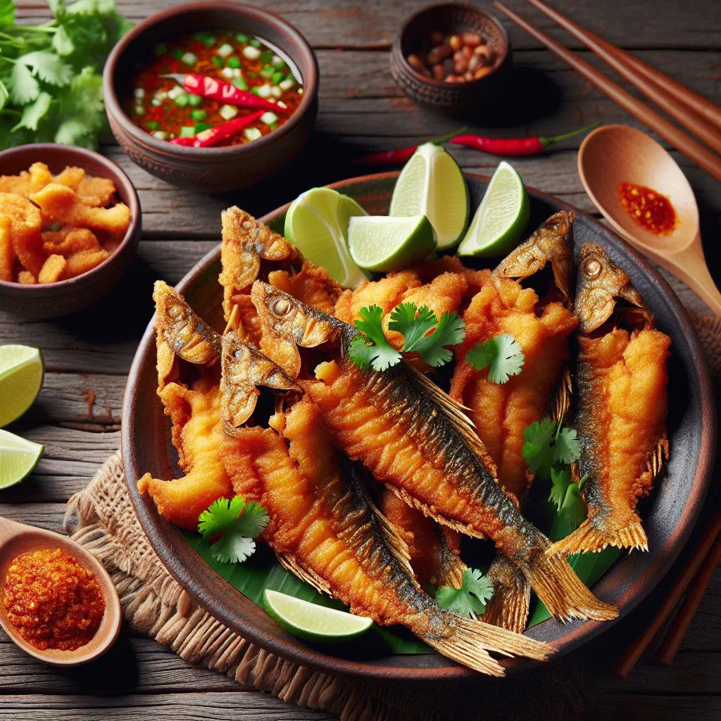 Golden crispy fried catfish pieces served with a spicy chilli dipping sauce