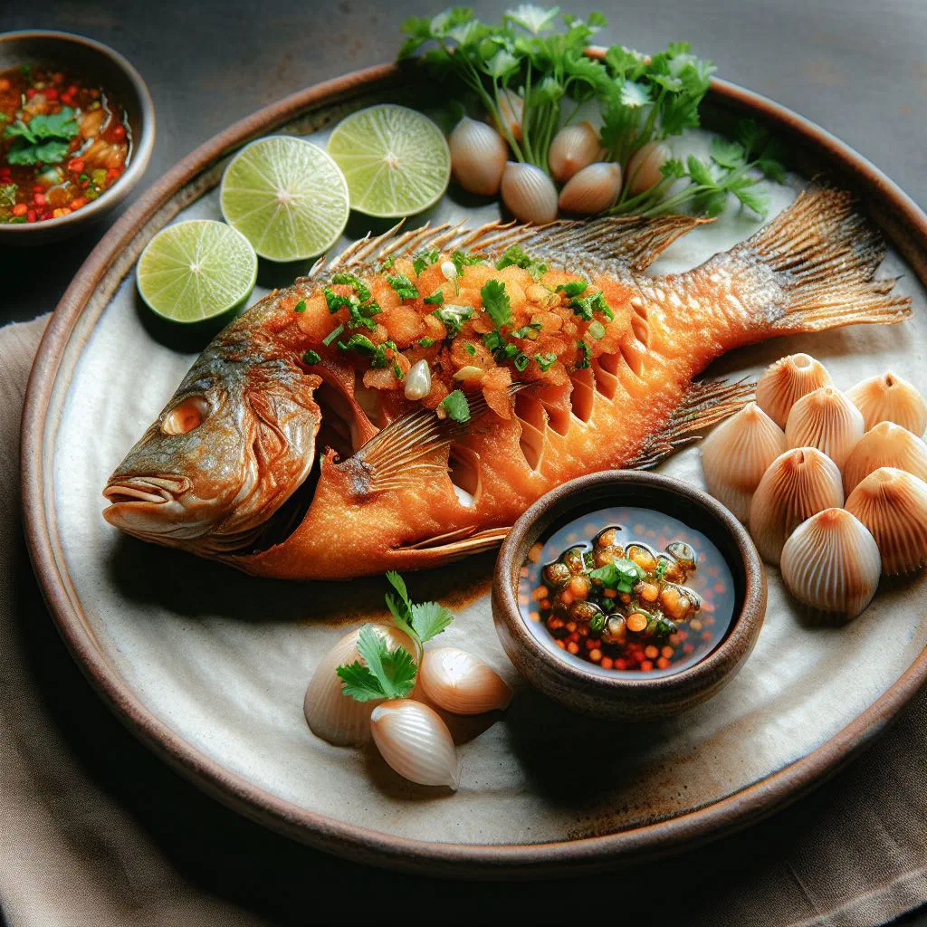 Crispy fried fish drizzled with fish sauce, garnished with lime and fresh herbs