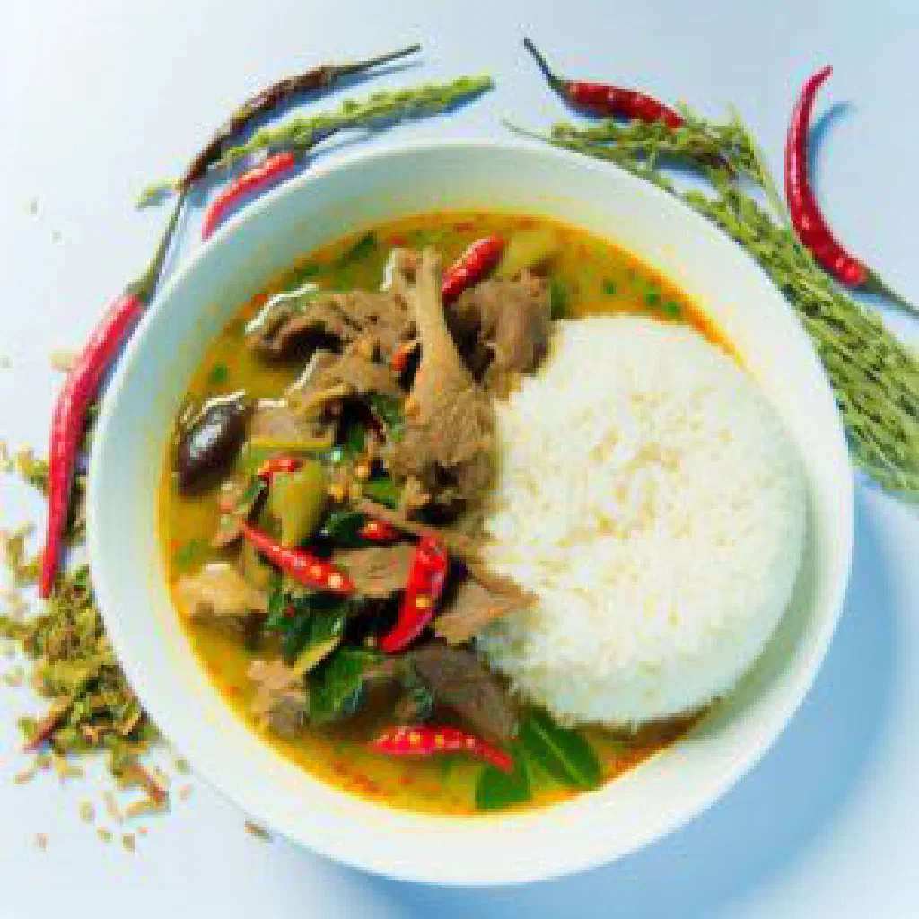 A fiery bowl of Gaeng Bpa jungle curry garnished with fresh coriander and green chillies