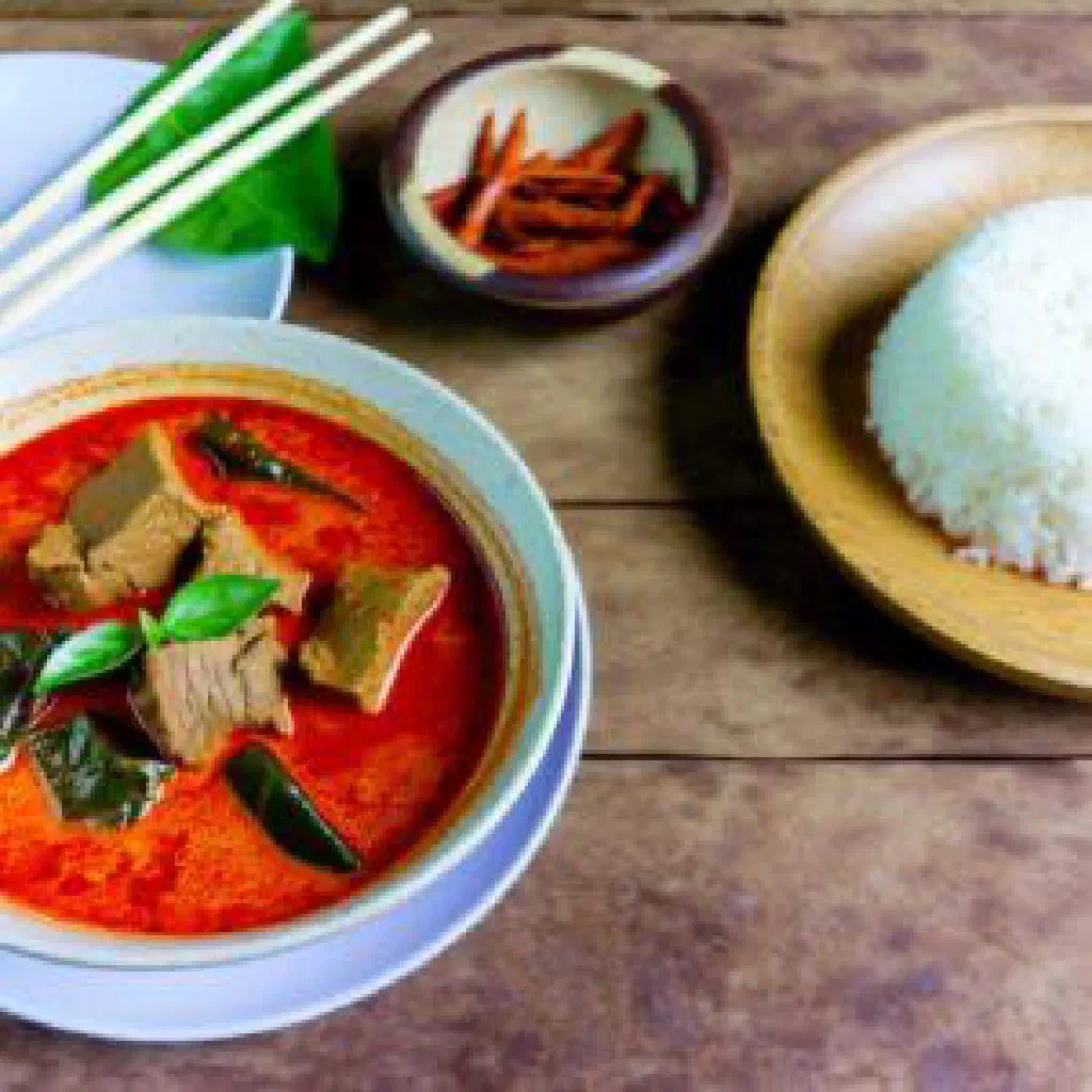 A bowl of Thai red curry with chicken, peppers and fresh basil