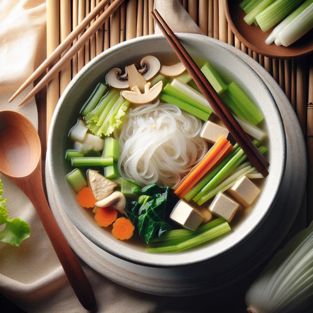 Bowl of Thai glass noodle soup with vegetables and fresh herbs