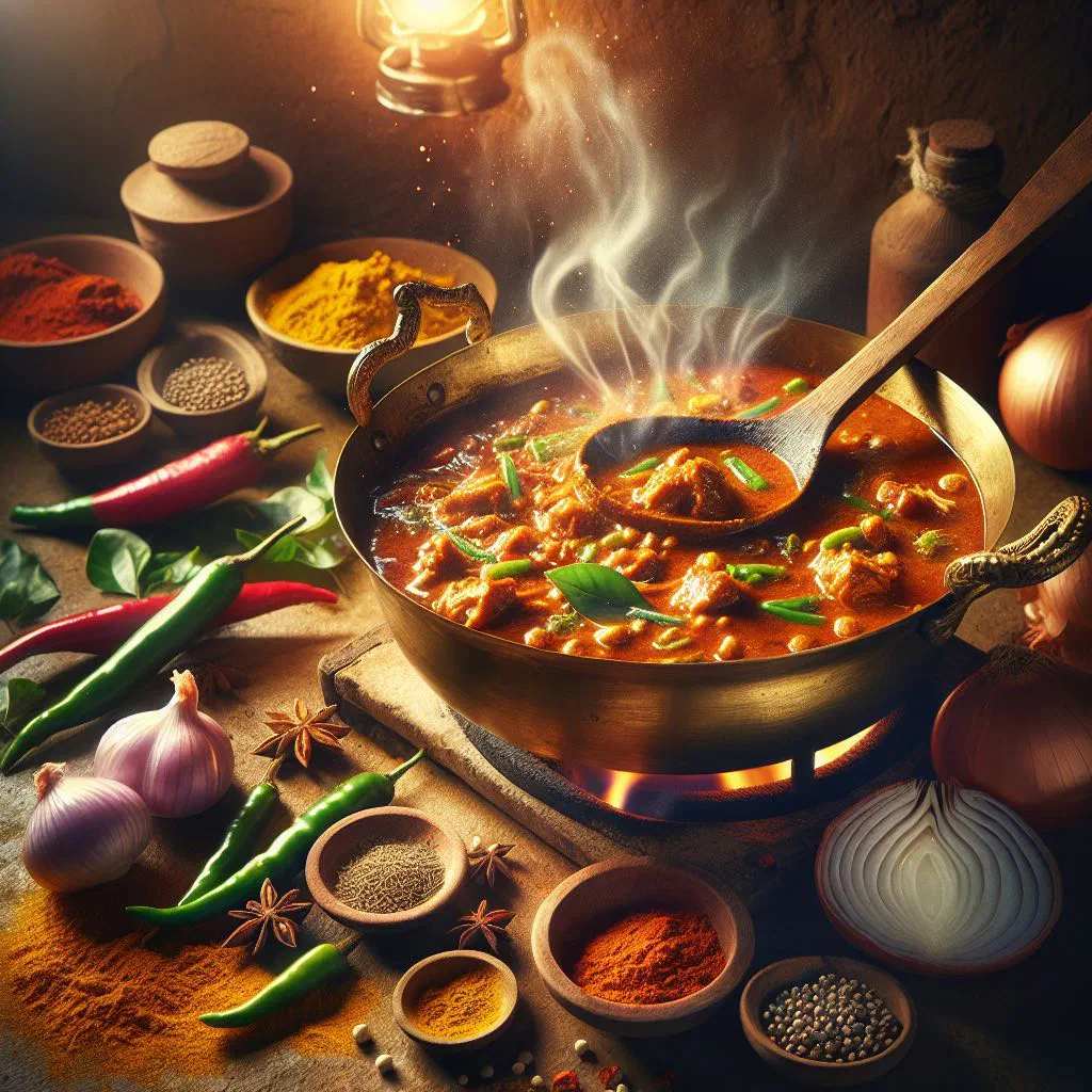 Fiery dry Gaeng Khua Kling pork curry garnished with chilli and kaffir lime leaves
