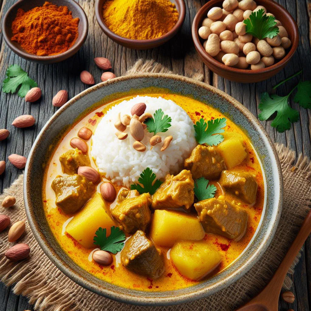 Gaeng Massaman curry with beef, potatoes and peanuts in a bowl
