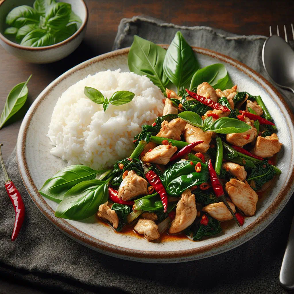 Gai pad krapow with stir-fried chicken, Thai basil and steamed jasmine rice