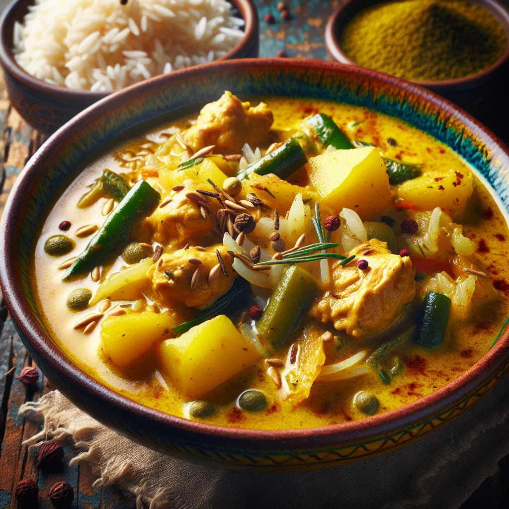 Thai chicken curry in coconut sauce garnished with fresh coriander, served with jasmine rice