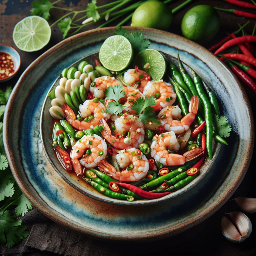 Goong Chae Nam Pla raw prawns in lime and fish sauce with chillies and coriander