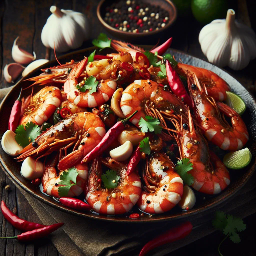 Crispy garlic-pepper prawns garnished with fresh coriander, served with jasmine rice