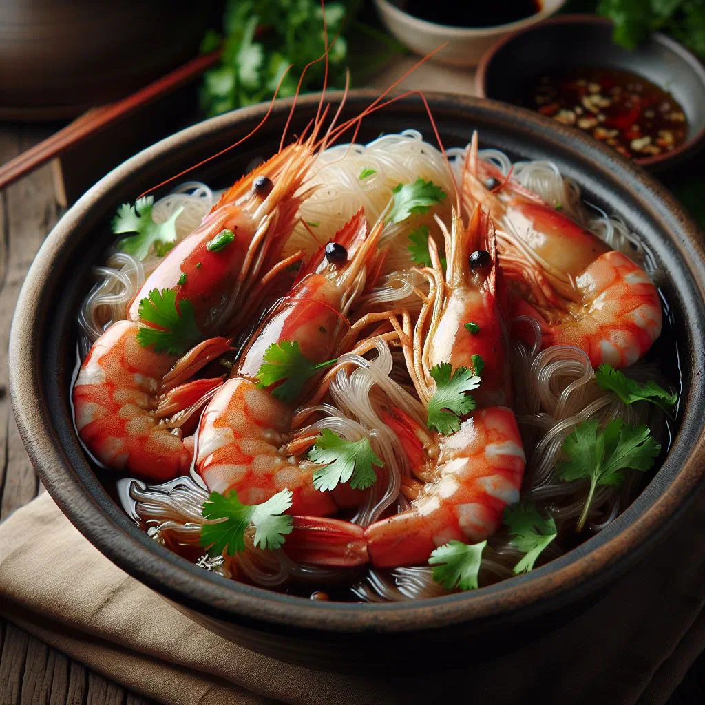 Baked prawns with glass noodles, garlic and fresh herbs in a clay pot