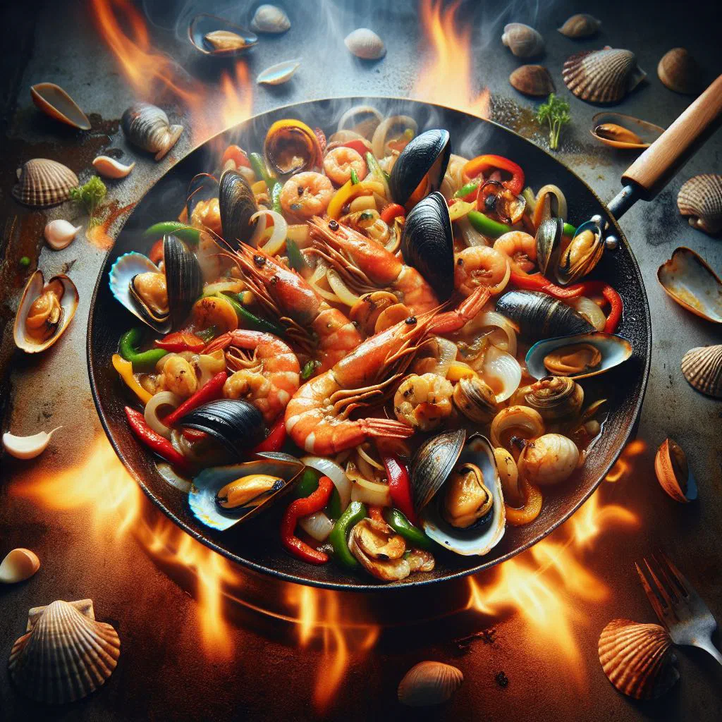 Stir-fried prawns in Thai roasted chilli paste with peppers and coriander