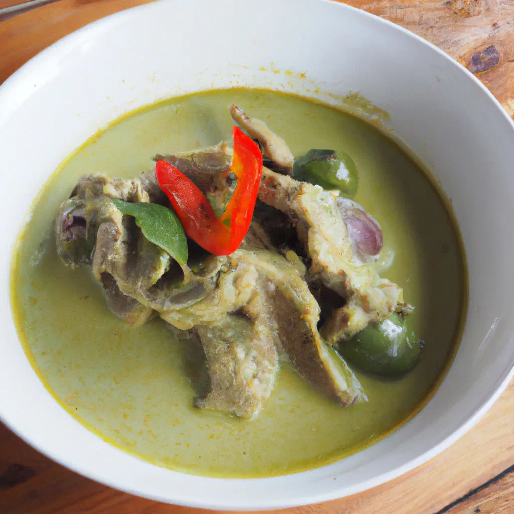 Thai green curry in coconut milk with vegetables, served with rice