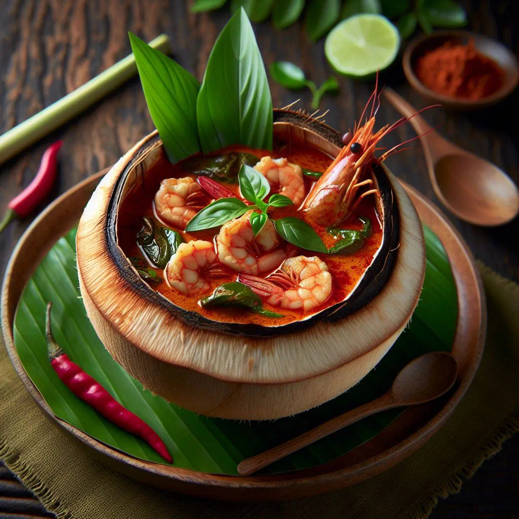 Steamed Thai prawn curry served in a halved coconut shell