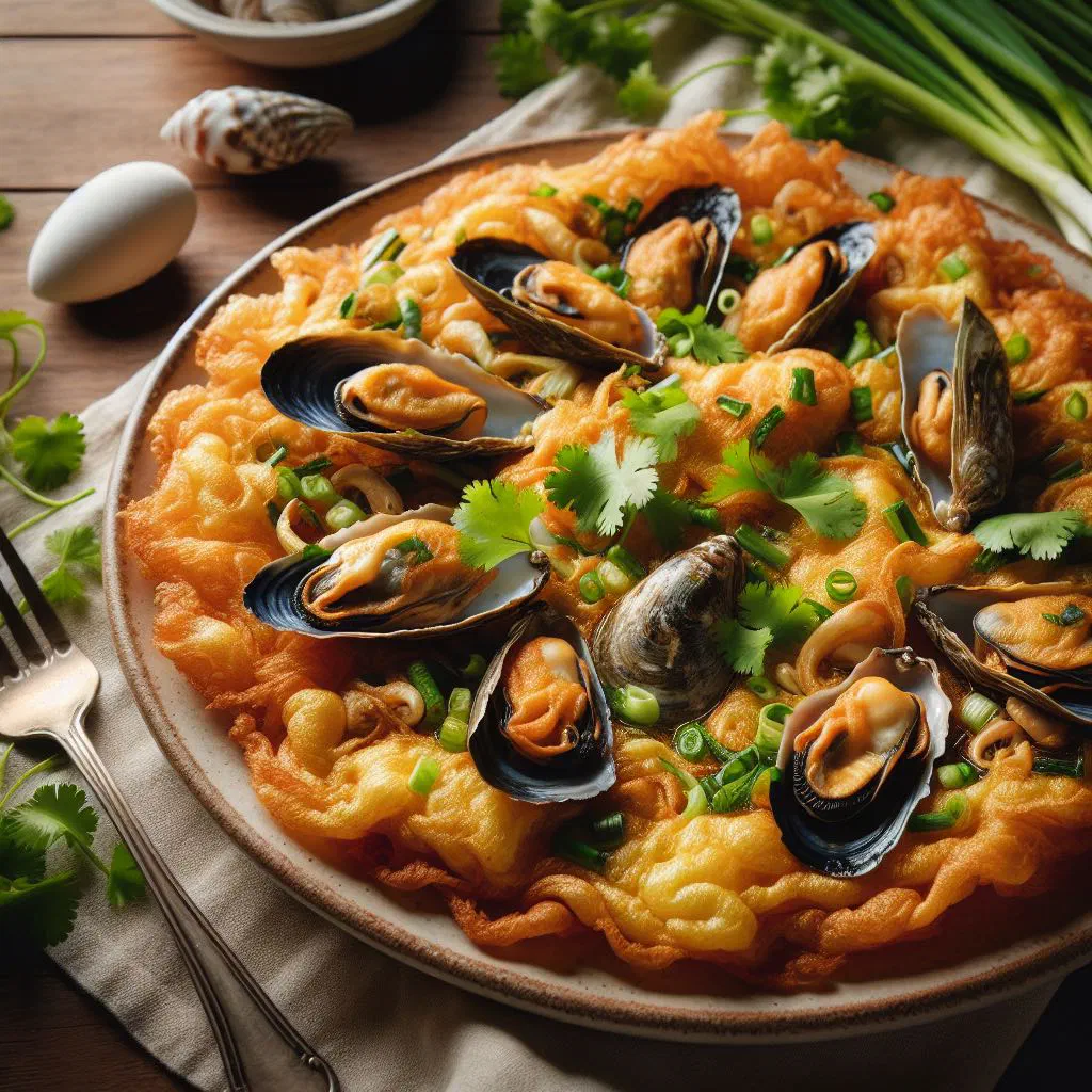 Crispy Thai hoy tod mussel omelette garnished with fresh coriander