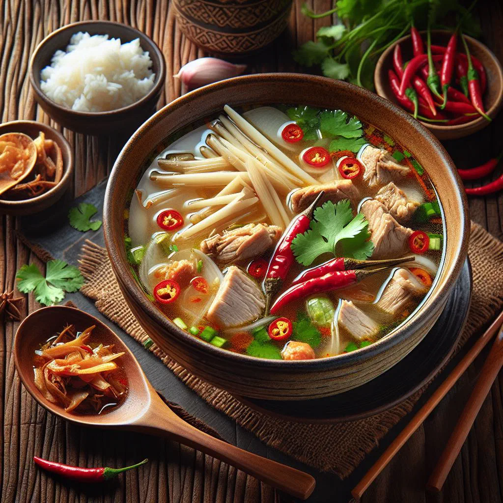 Bowl of Kaeng Hoh curry soup with vegetables and fresh coriander